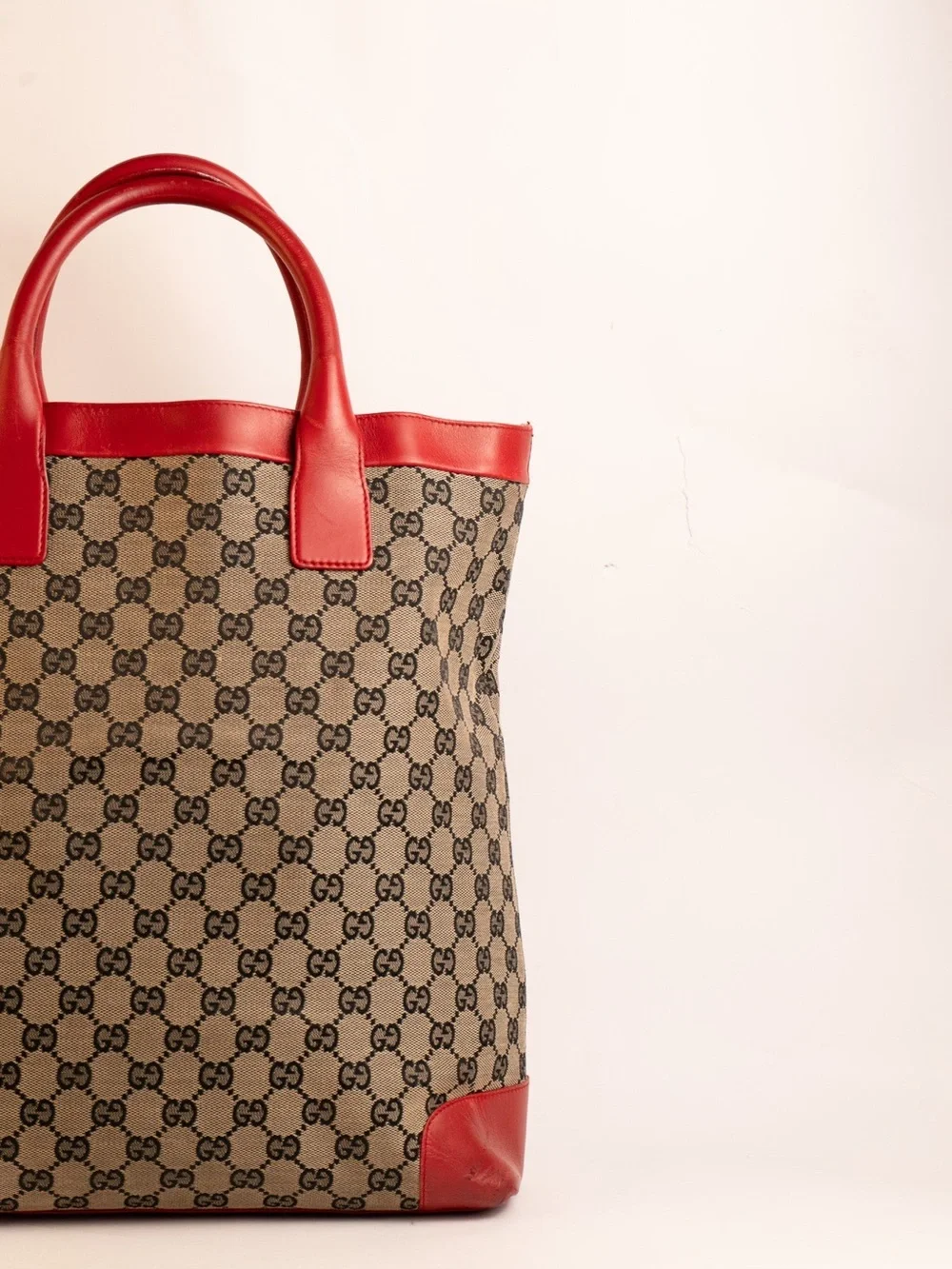 Gucci Beige GG Canvas Tote with Red Leather Trim